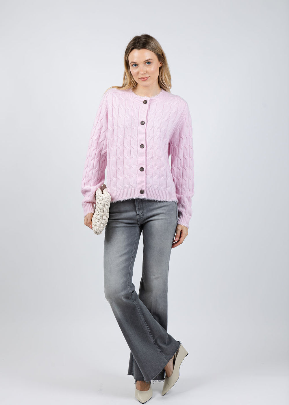 Repeat Cable Knit Cardigan With Fringes in Rose available at Barbara Katz