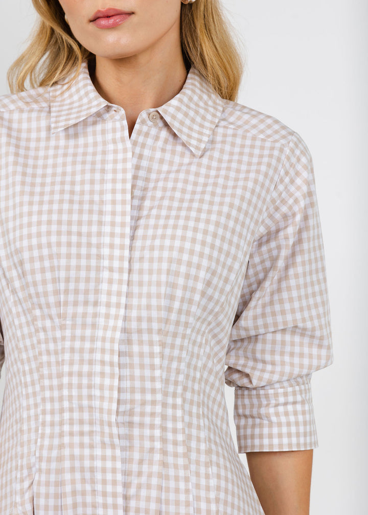 Simkhai Jazz Pintuck Midi Dress in Sand Gingham available at Barbara Katz