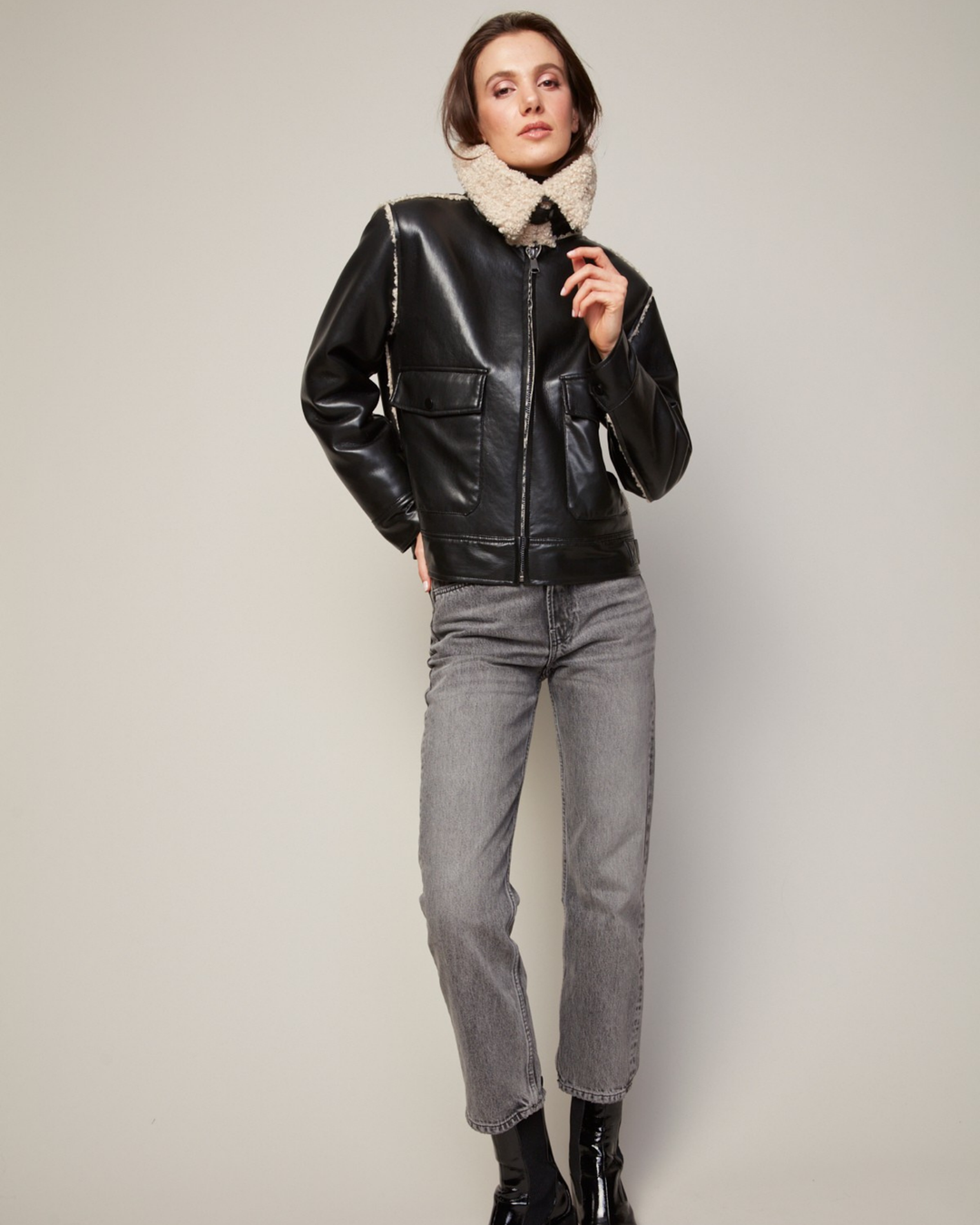 Adroit Atelier Parker Bonded Vegan Leather Aviator Jacket With Collar in Camel/Black available at Barbara Katz
