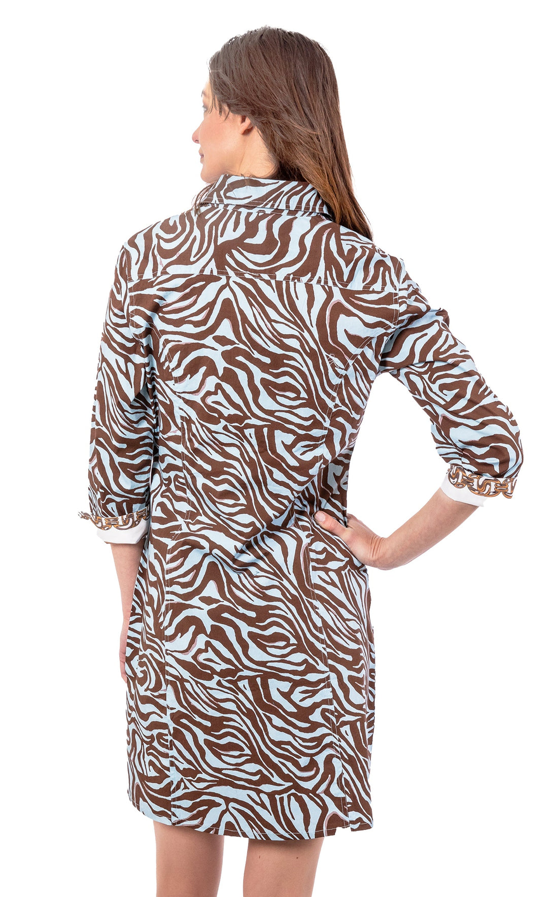 Dizzy-Lizzie Sag Harbor Dress - Turquoise Chocolate Tiger Print available at Barbara Katz