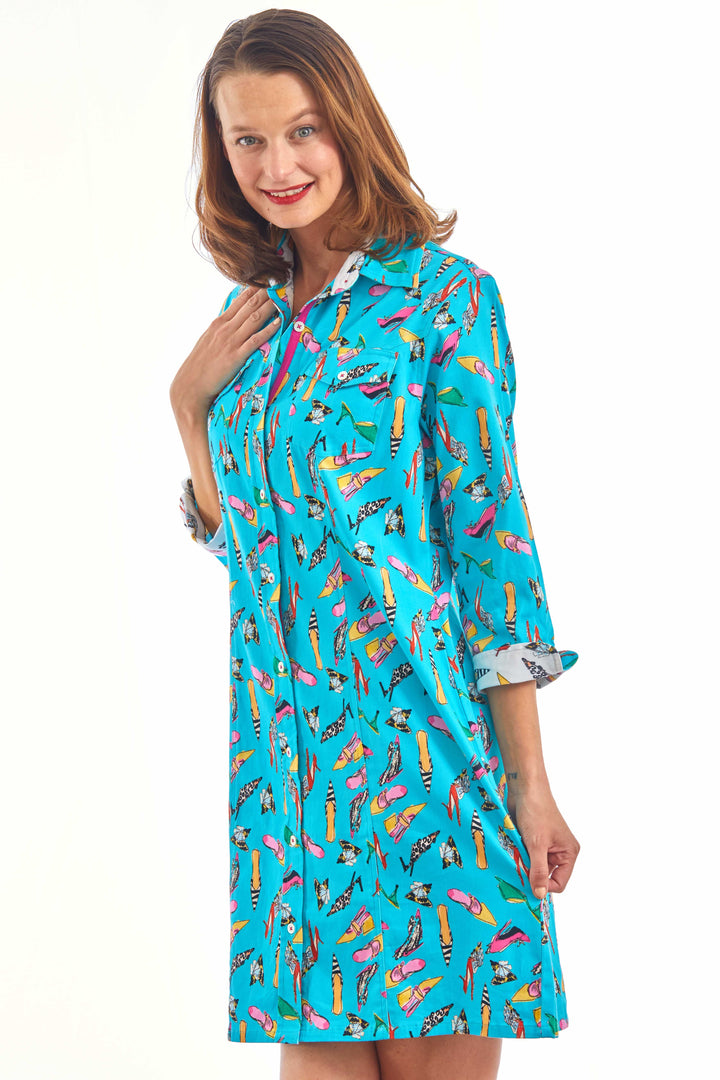 Dizzy-Lizzie Sag Harbor Dress in Turquoise Shoe Print available at Barbara Katz
