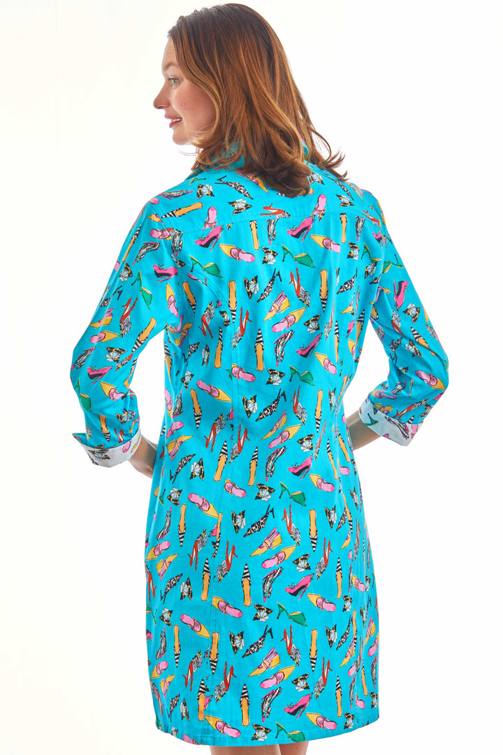 Dizzy-Lizzie Sag Harbor Dress in Turquoise Shoe Print available at Barbara Katz