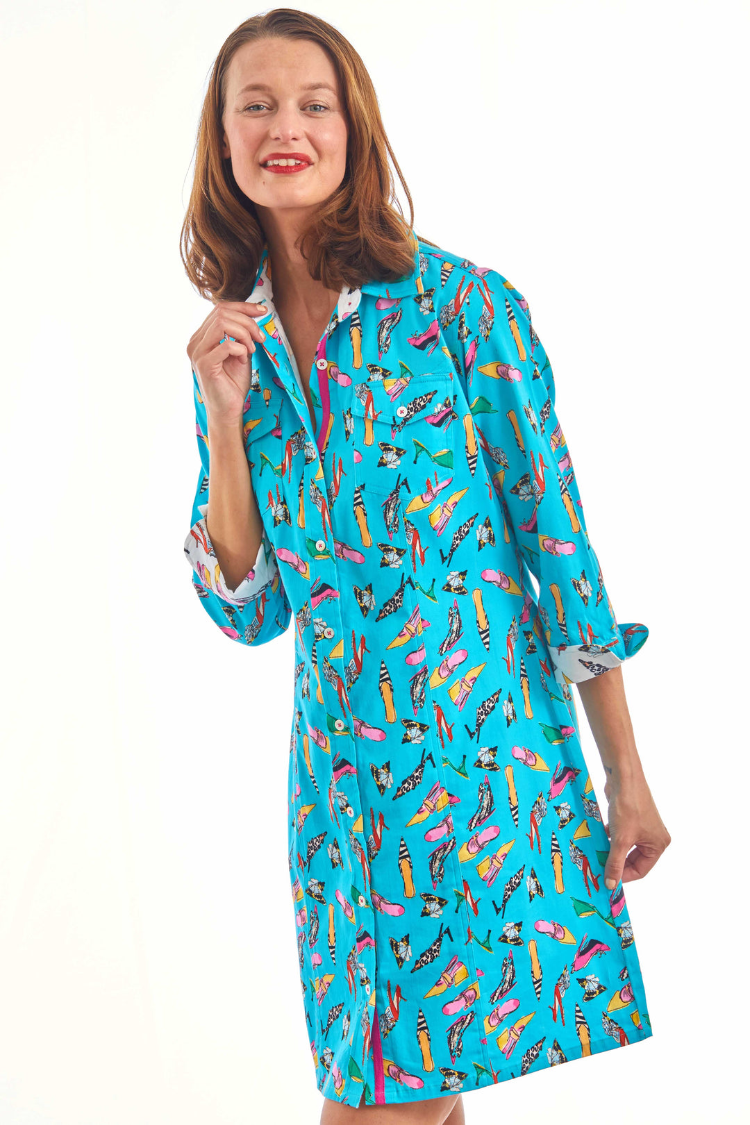 Dizzy-Lizzie Sag Harbor Dress in Turquoise Shoe Print available at Barbara Katz