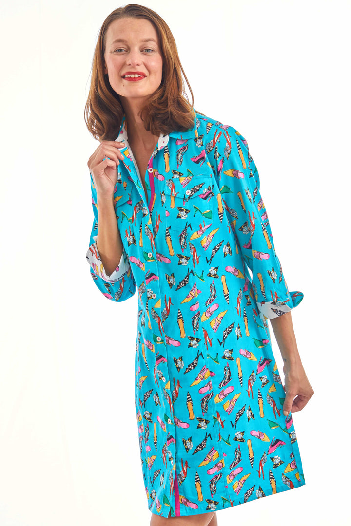 Dizzy-Lizzie Sag Harbor Dress in Turquoise Shoe Print available at Barbara Katz