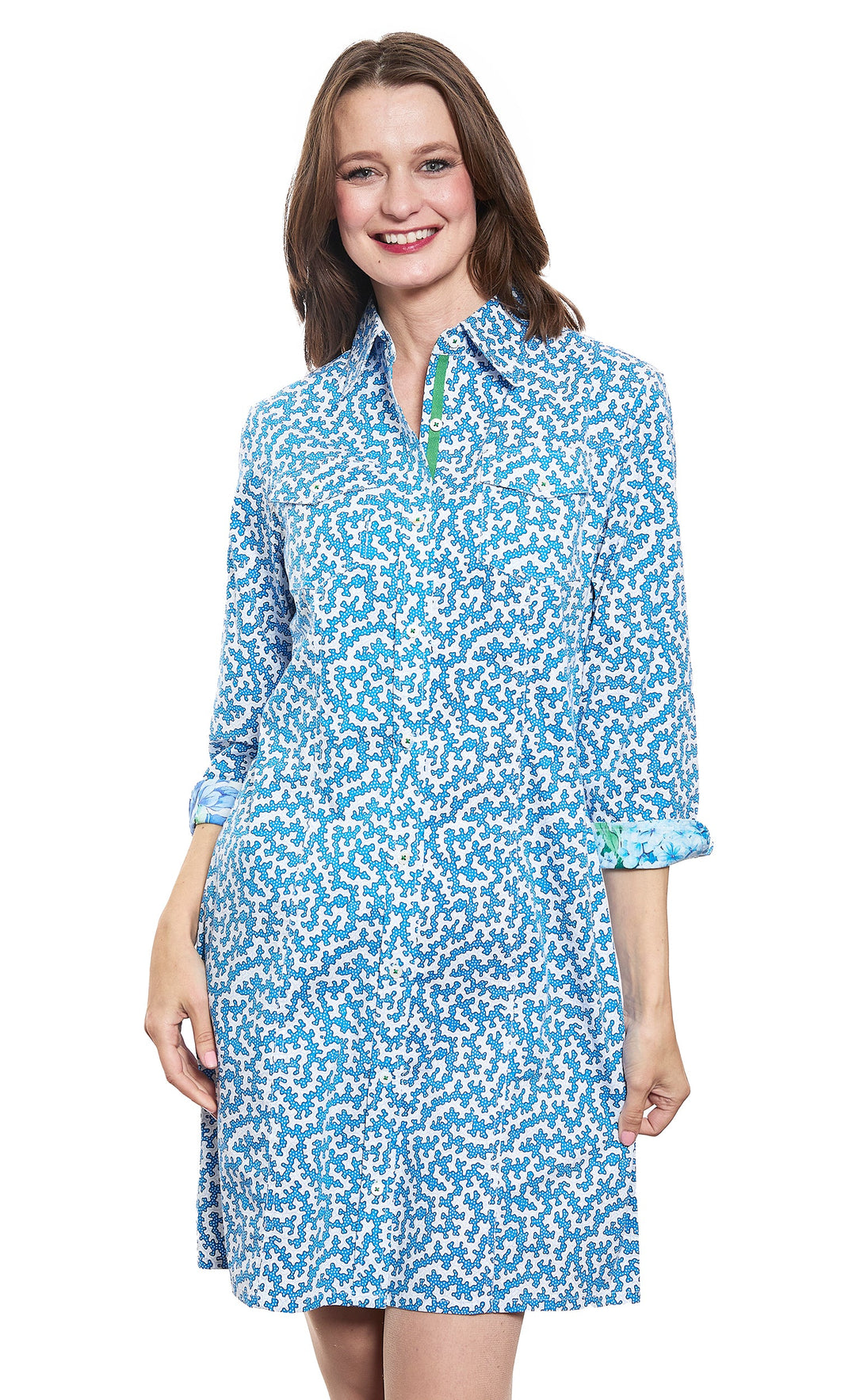 Dizzy-Lizzie Sag Harbor Dress in Blue & Pink Coral Print available at Barbara Katz