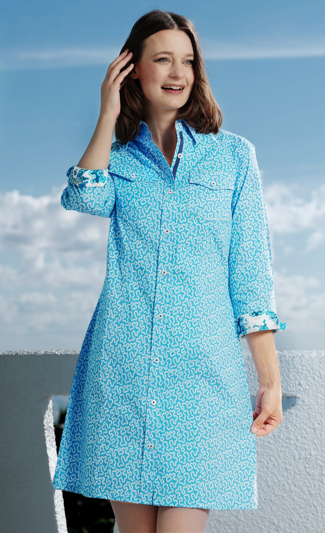 Dizzy-Lizzie Sag Harbor Dress - Blue Coral Print available at Barbara Katz