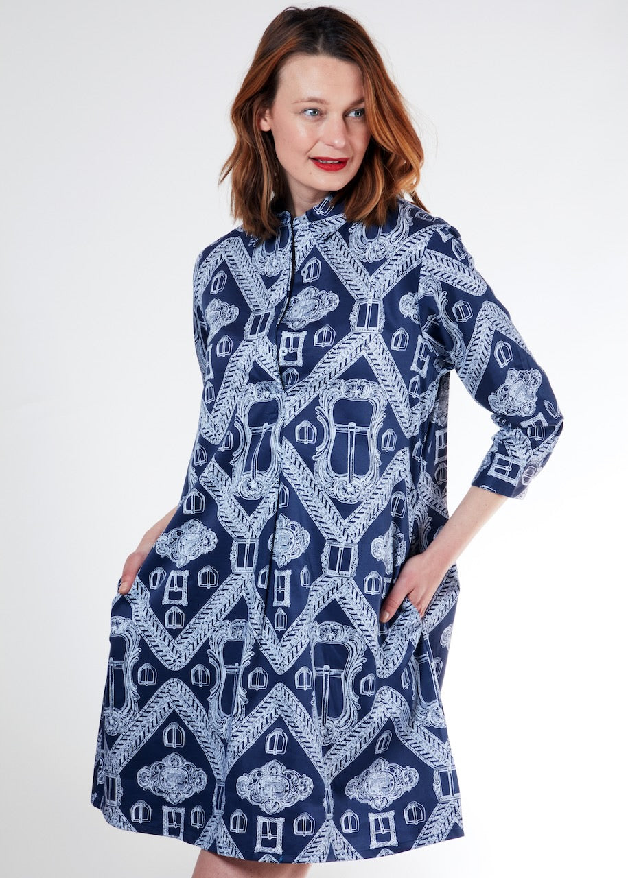 Dizzy-Lizzie Chatham Dress - Navy Ground Buckle Print available at Barbara Katz