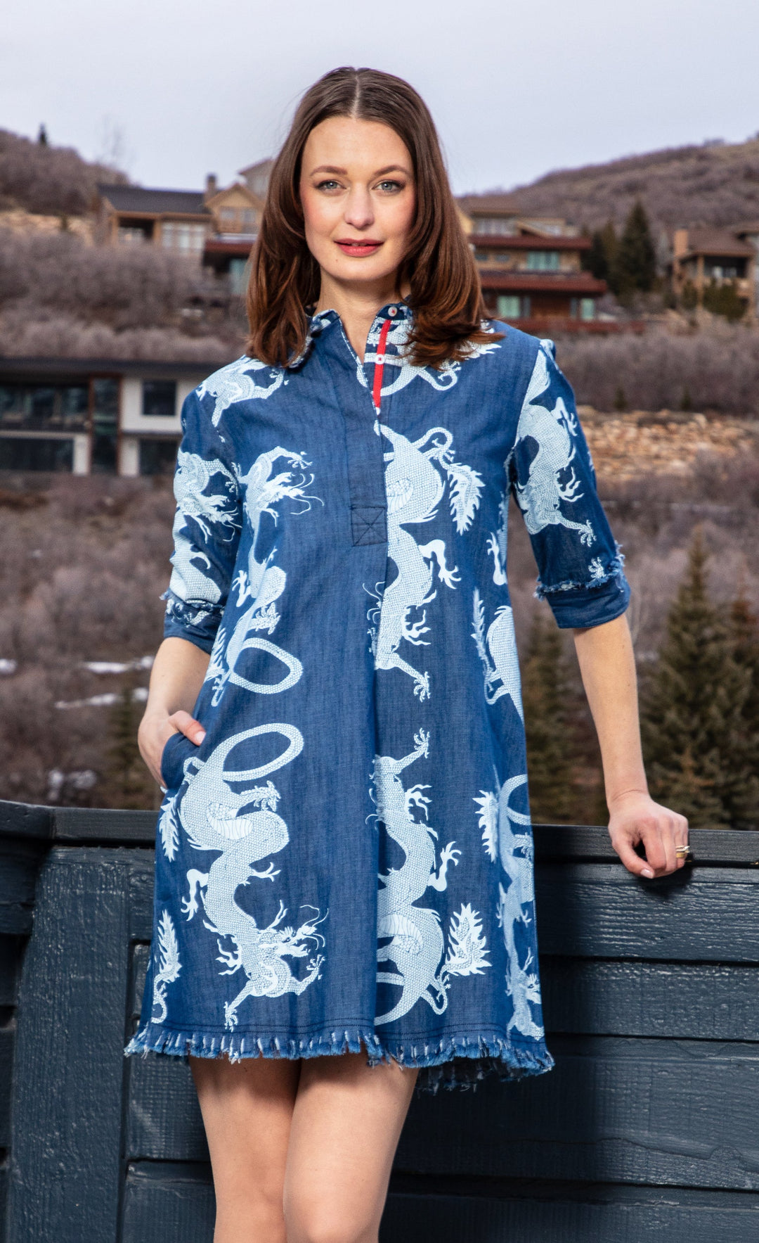 Dizzy-Lizzie Chatham Dress - Denim Dragon Print available at Barbara Katz