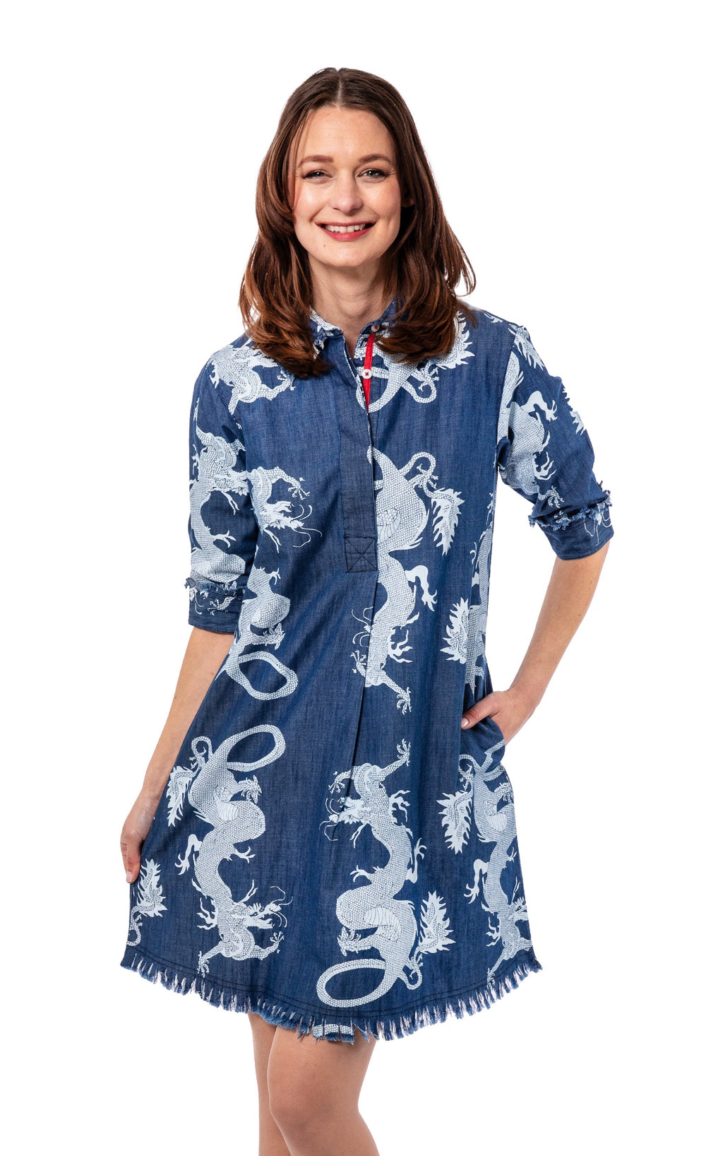 Dizzy-Lizzie Chatham Dress - Denim Dragon Print available at Barbara Katz