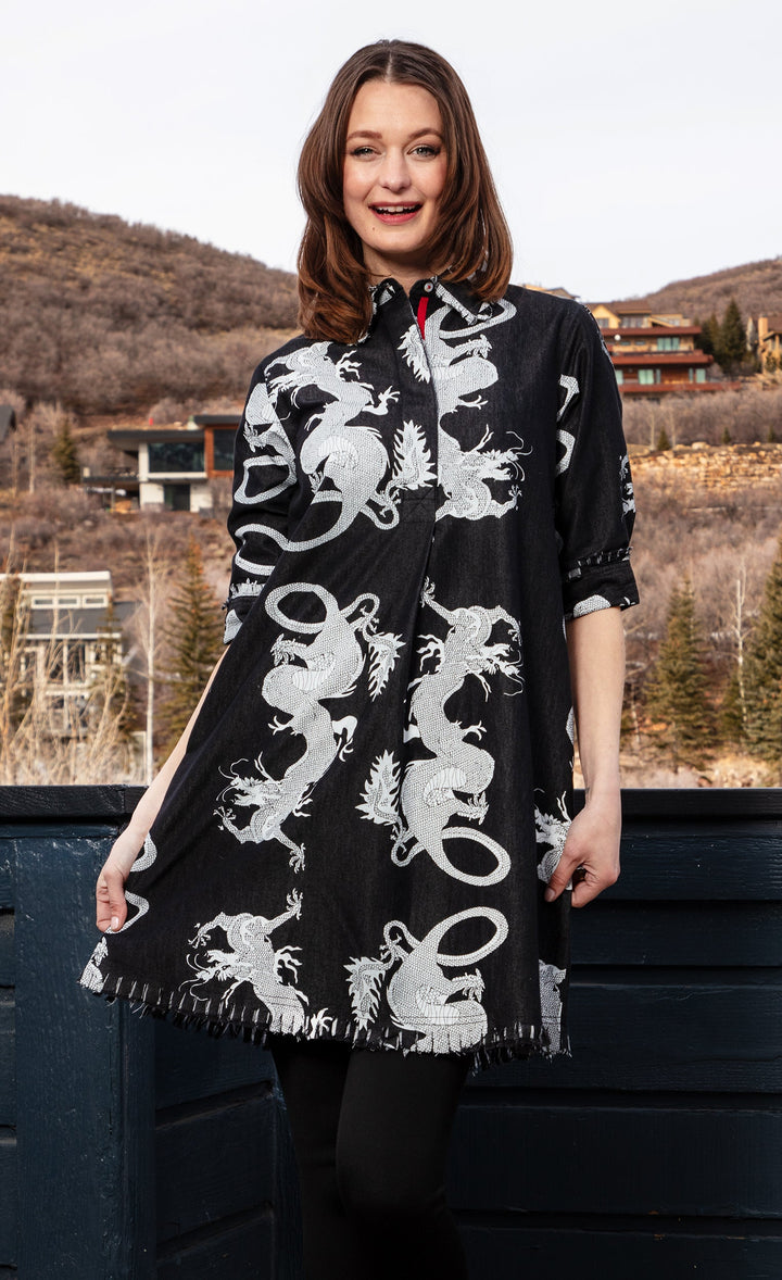 Dizzy-Lizzie Chatham Dress - Black Denim Dragon Print available at Barbara Katz