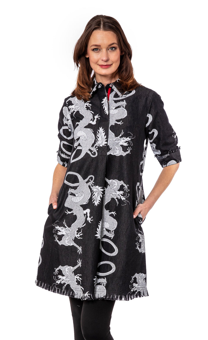 Dizzy-Lizzie Chatham Dress - Black Denim Dragon Print available at Barbara Katz
