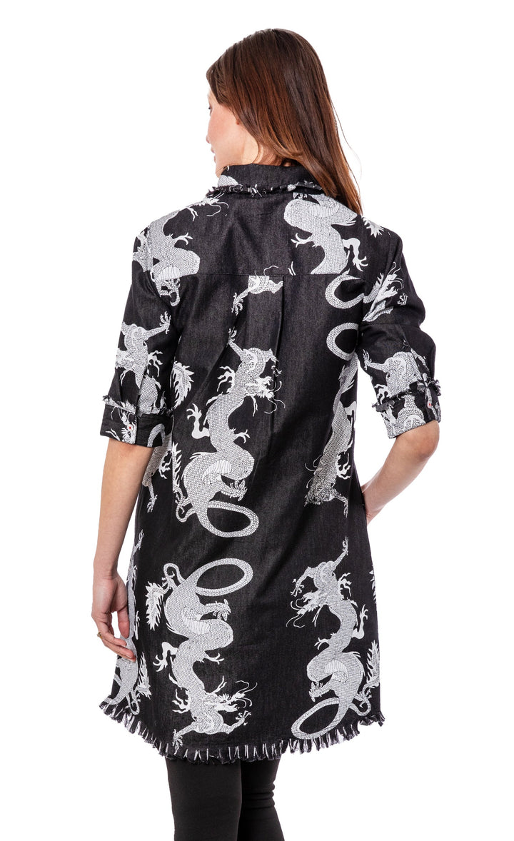 Dizzy-Lizzie Chatham Dress - Black Denim Dragon Print available at Barbara Katz