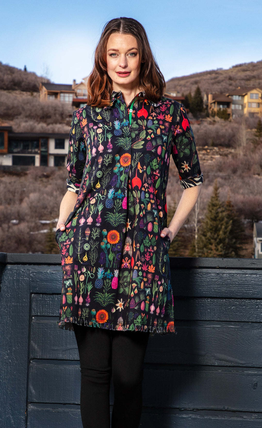 Dizzy-Lizzie Chatham Dress - Black Botanical Print available at Barbara Katz