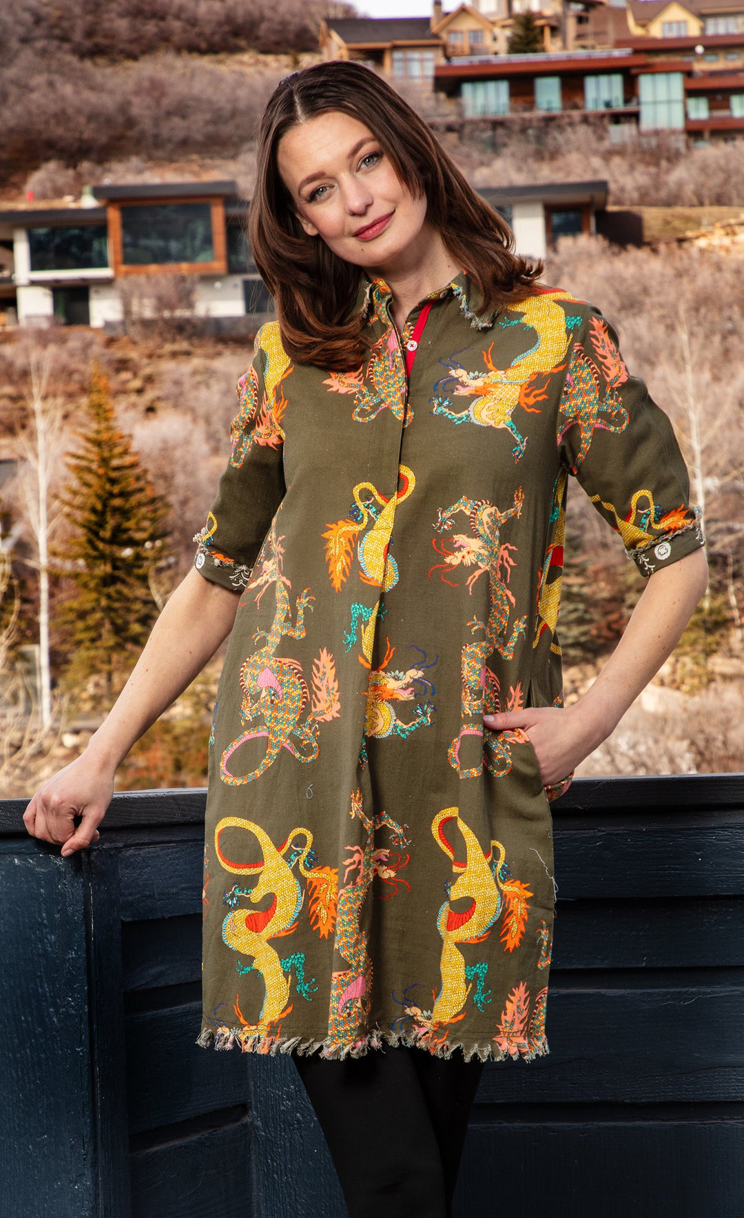 Dizzy-Lizzie Chatham Dress - Olive Dragon Print available at Barbara Katz