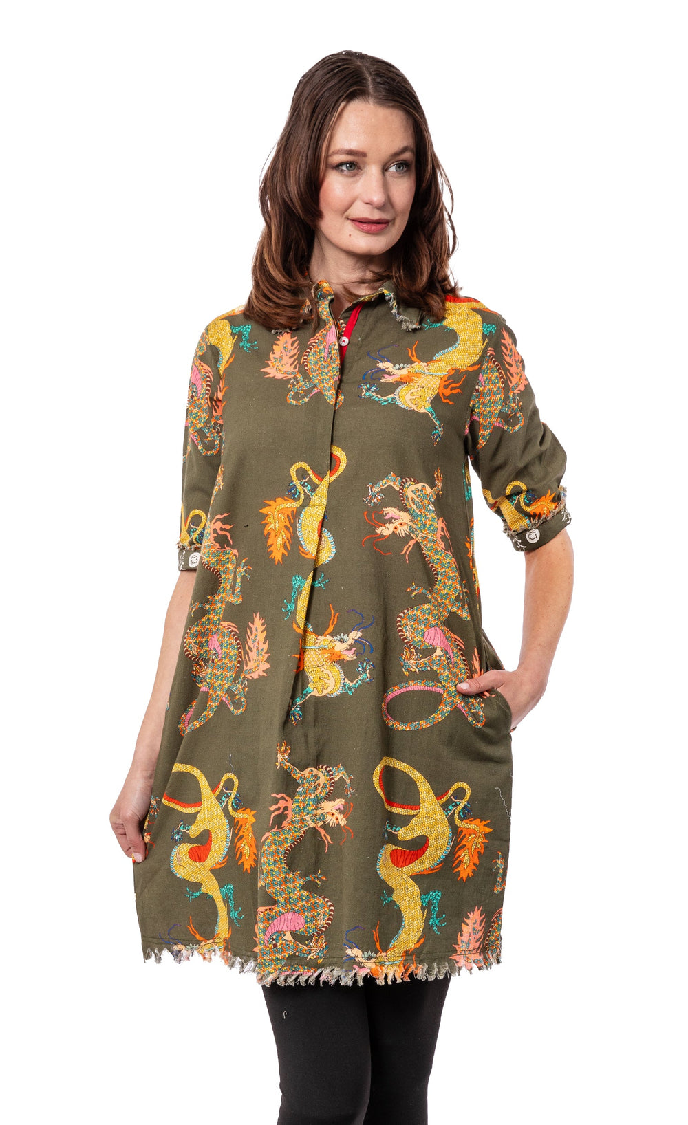 Dizzy-Lizzie Chatham Dress - Olive Dragon Print available at Barbara Katz
