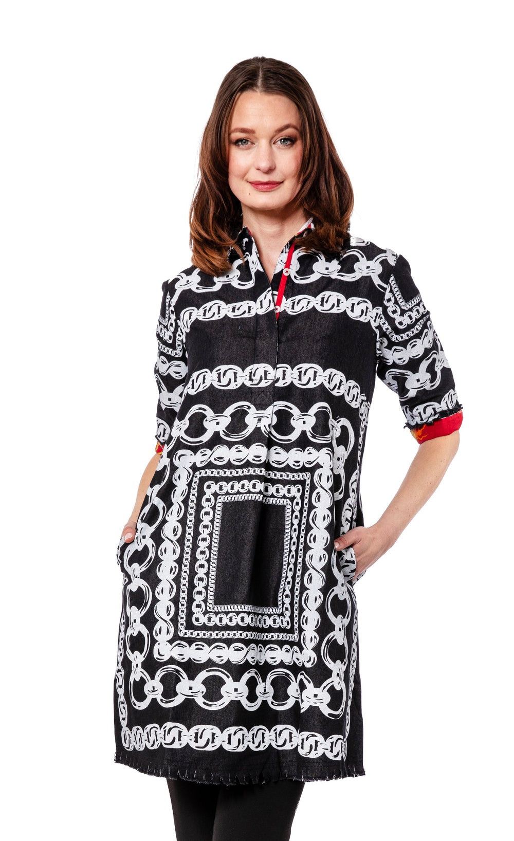 Dizzy-Lizzie Chatham Dress - Black Denim with White Link Pattern available at Barbara Katz
