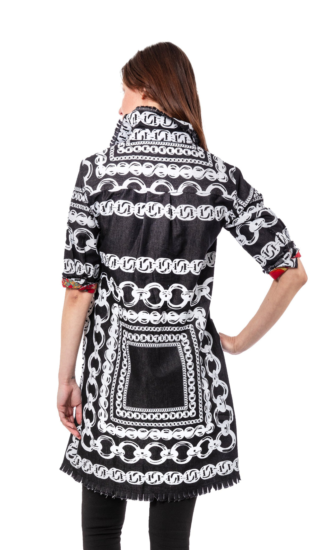 Dizzy-Lizzie Chatham Dress - Black Denim with White Link Pattern available at Barbara Katz