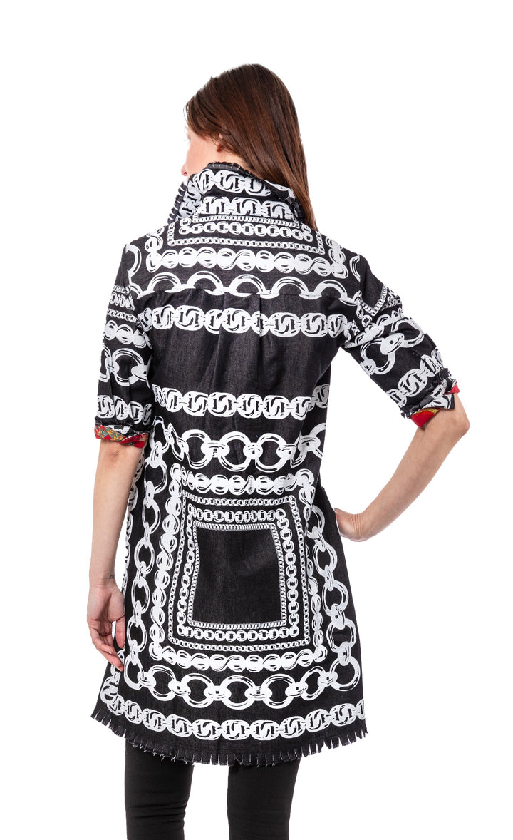 Dizzy-Lizzie Chatham Dress - Black Denim with White Link Pattern available at Barbara Katz