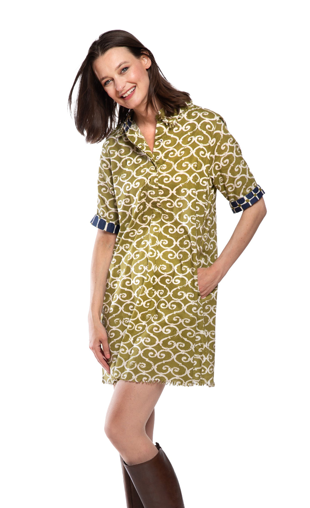Dizzy-Lizzie Chatham Dress - Green Ivory Swirl Print available at Barbara Katz