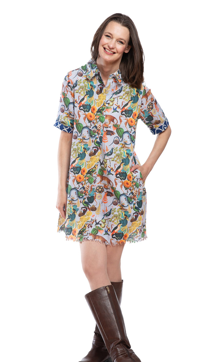 Dizzy-Lizzie Chatham Dress - Blue Flowers and Creatures Print available at Barbara Katz