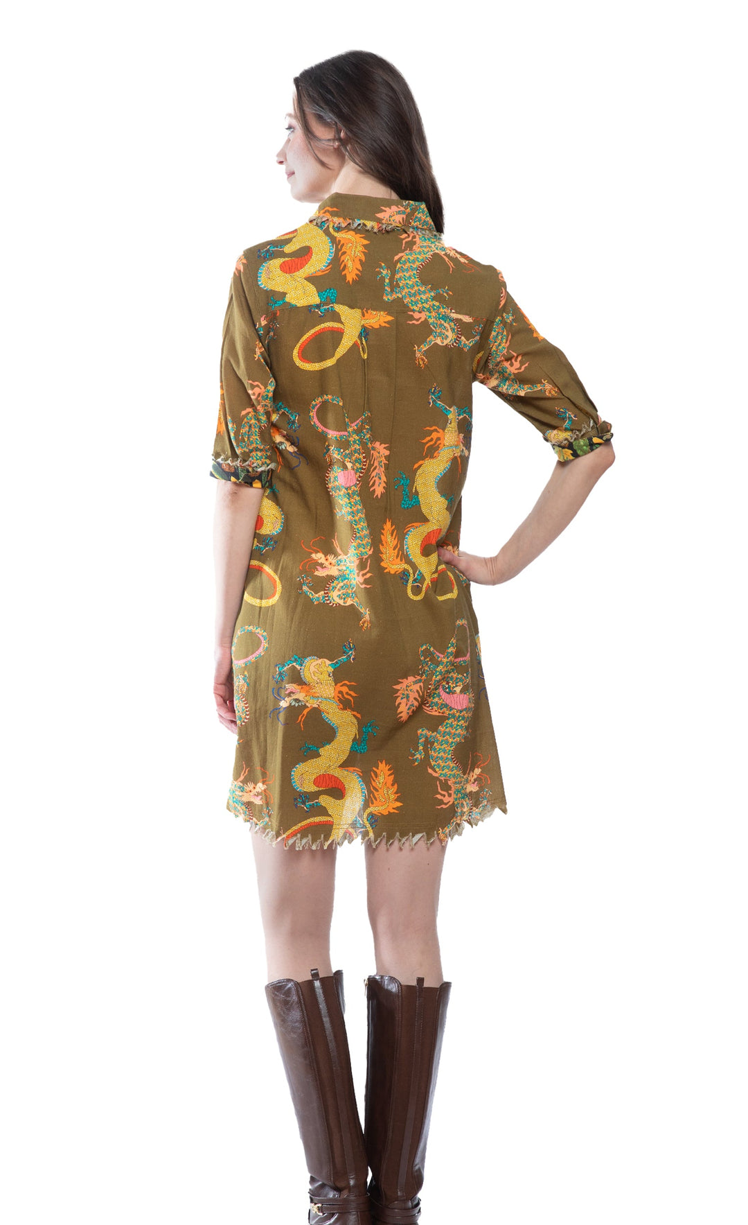 Dizzy-Lizzie Chatham Dress in Olive Dragon Print available at Barbara Katz