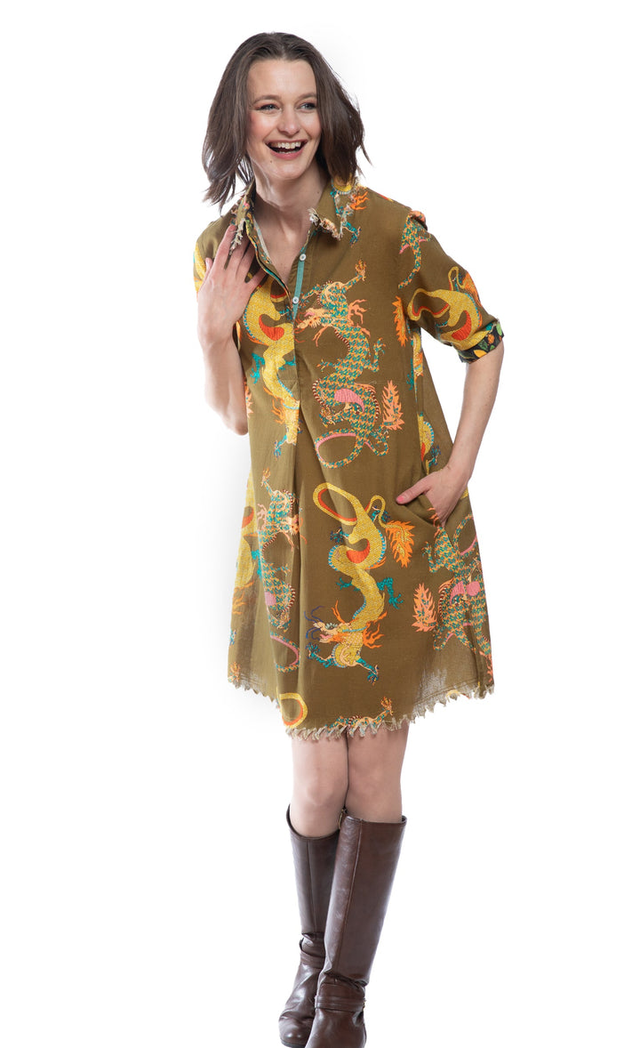 Dizzy-Lizzie Chatham Dress in Olive Dragon Print available at Barbara Katz