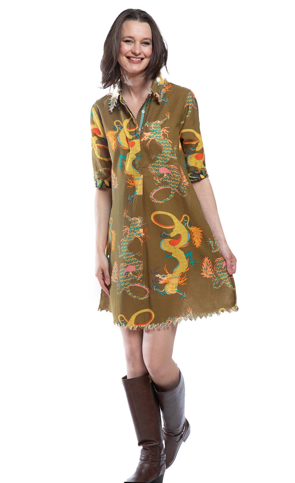 Dizzy-Lizzie Chatham Dress in Olive Dragon Print available at Barbara Katz