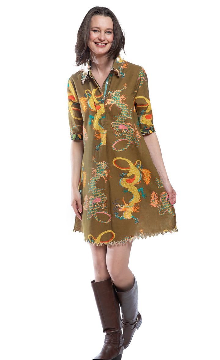 Dizzy-Lizzie Chatham Dress in Olive Dragon Print available at Barbara Katz