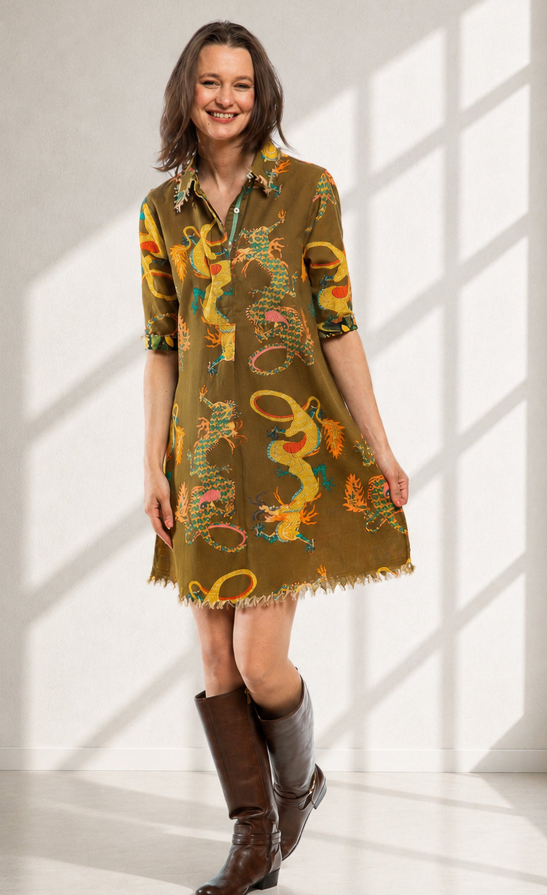 Dizzy-Lizzie Chatham Dress in Olive Dragon Print available at Barbara Katz