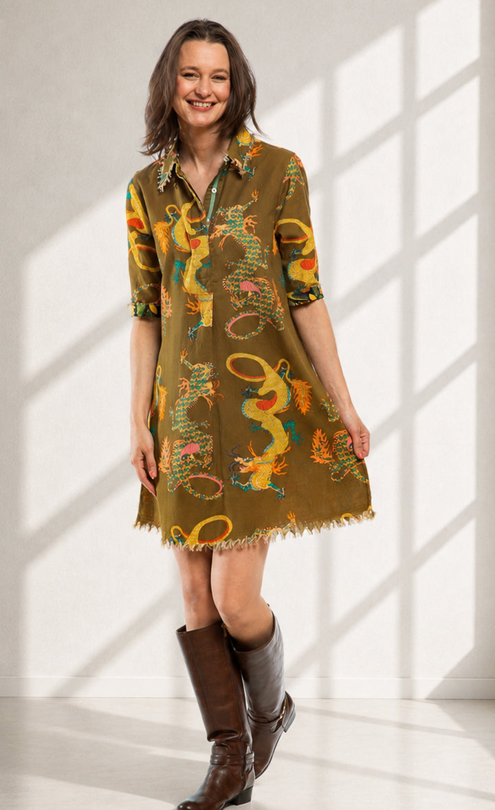 Dizzy-Lizzie Chatham Dress in Olive Dragon Print available at Barbara Katz