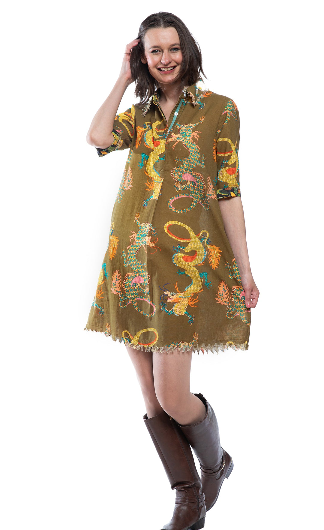 Dizzy-Lizzie Chatham Dress in Olive Dragon Print available at Barbara Katz