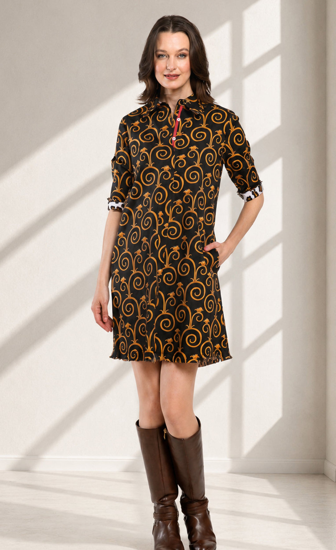 Dizzy-Lizzie Chatham Dress - Black and Gold Swirl Print available at Barbara Katz