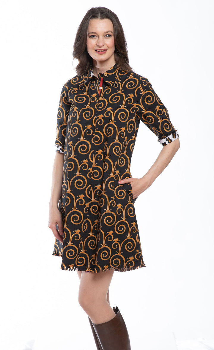 Dizzy-Lizzie Chatham Dress - Black and Gold Swirl Print available at Barbara Katz