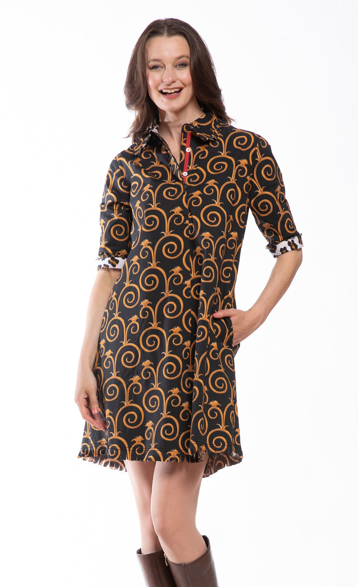 Dizzy-Lizzie Chatham Dress - Black and Gold Swirl Print available at Barbara Katz