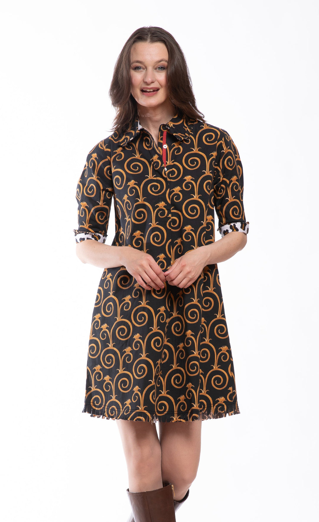 Dizzy-Lizzie Chatham Dress - Black and Gold Swirl Print available at Barbara Katz