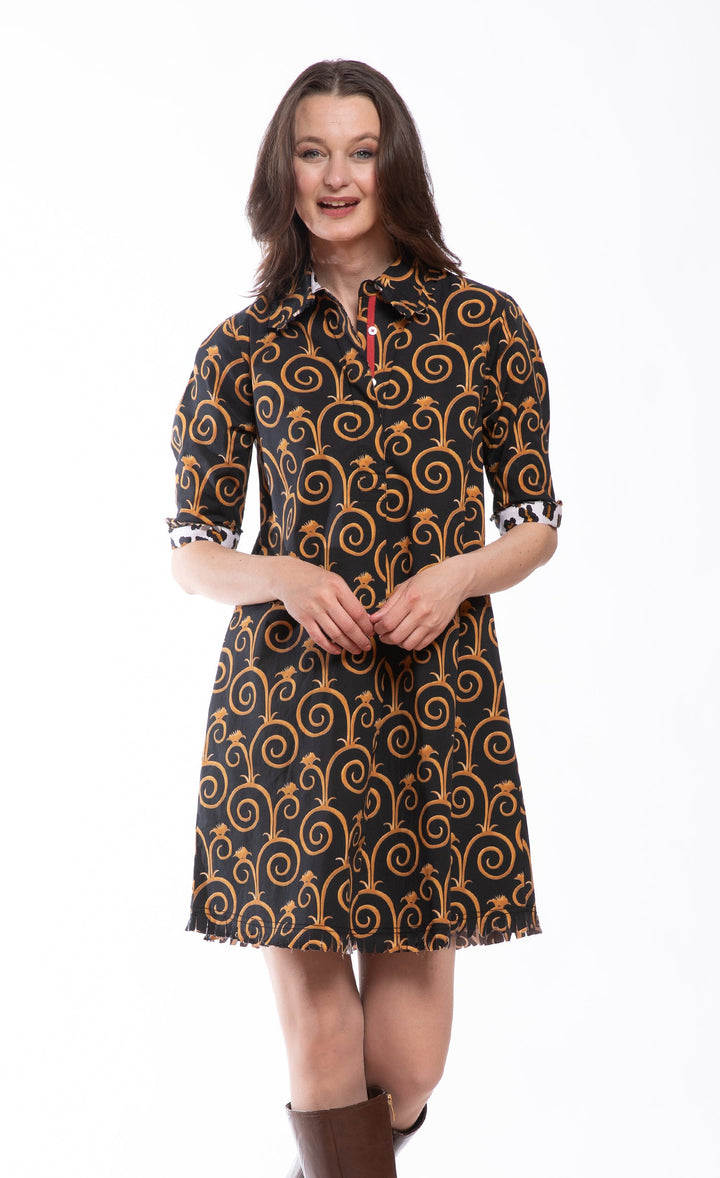 Dizzy-Lizzie Chatham Dress - Black and Gold Swirl Print available at Barbara Katz