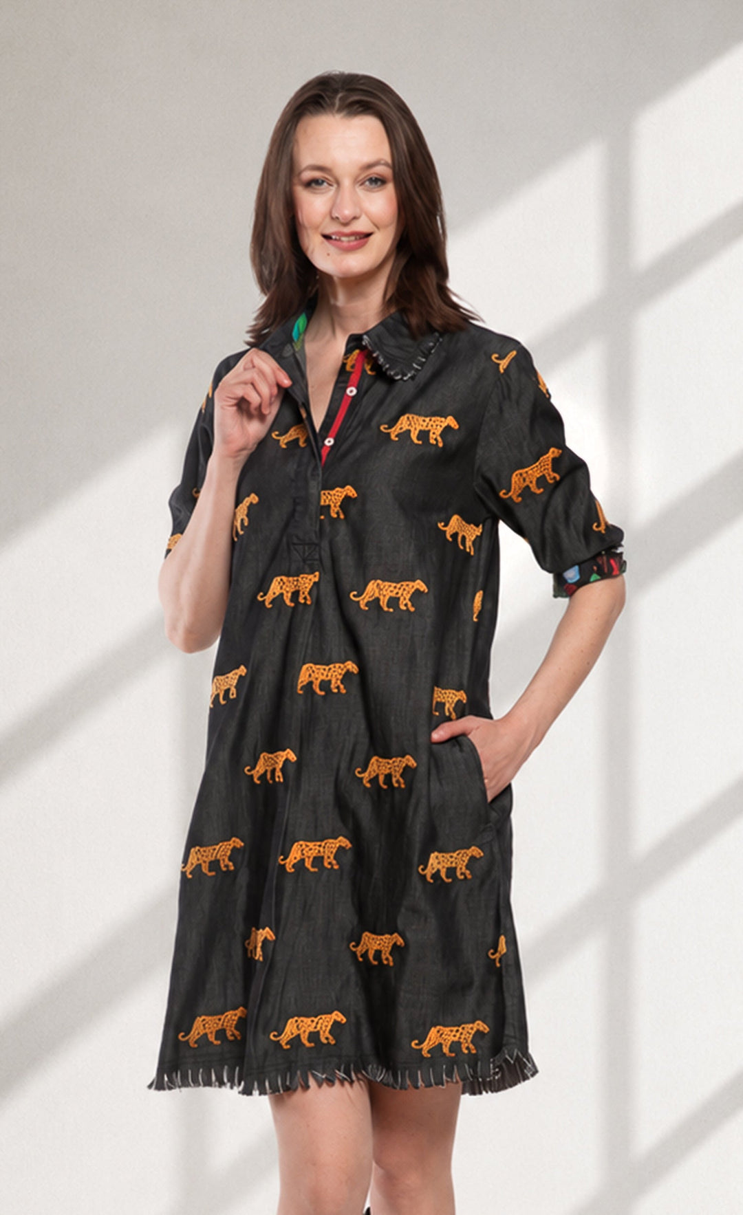 Dizzy-Lizzie Chatham Dress - Black Cheetah Embroidery available at Barbara Katz