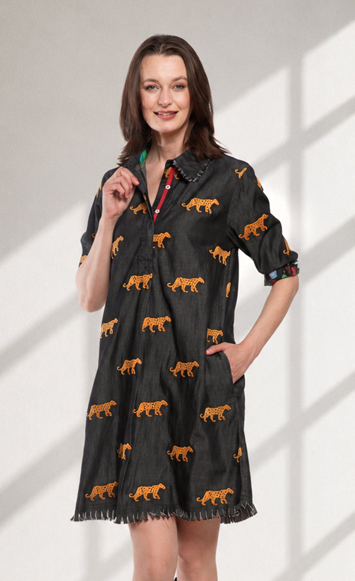 Dizzy-Lizzie Chatham Dress - Black Cheetah Embroidery available at Barbara Katz