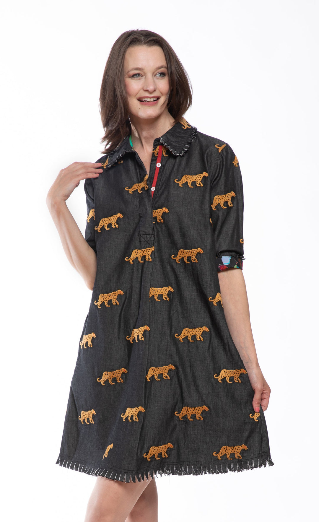 Dizzy-Lizzie Chatham Dress - Black Cheetah Embroidery available at Barbara Katz