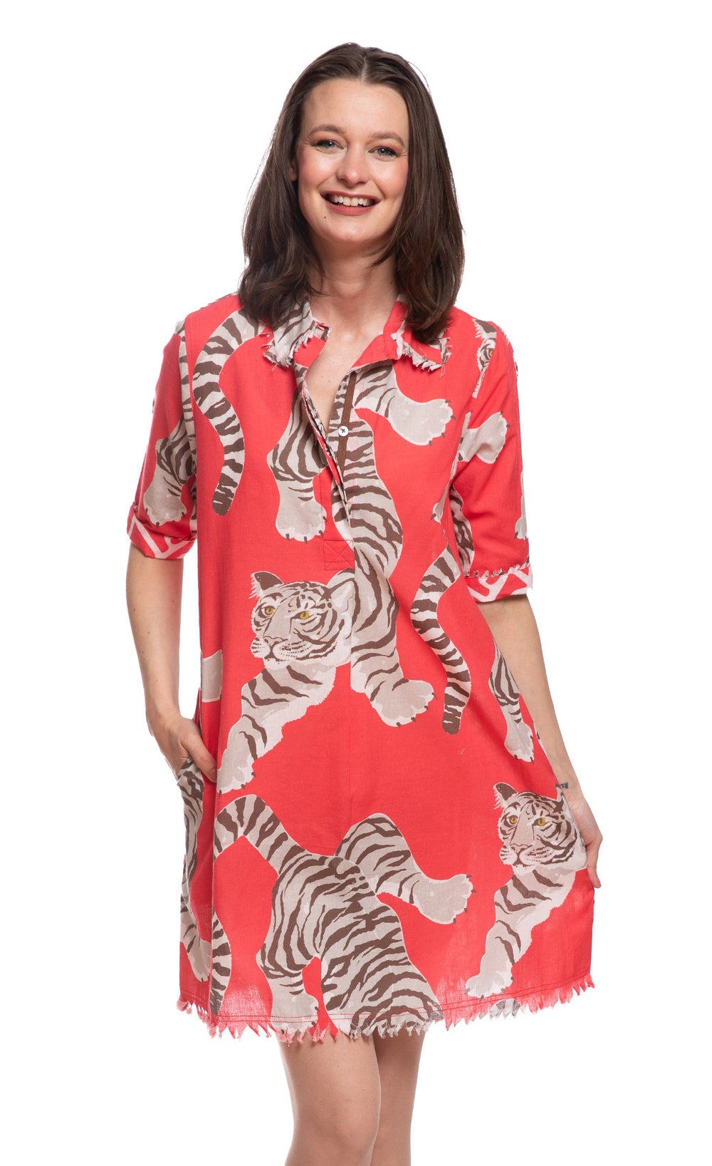 Dizzy-Lizzie Chatham Dress in Pink Tiger Print available at Barbara Katz