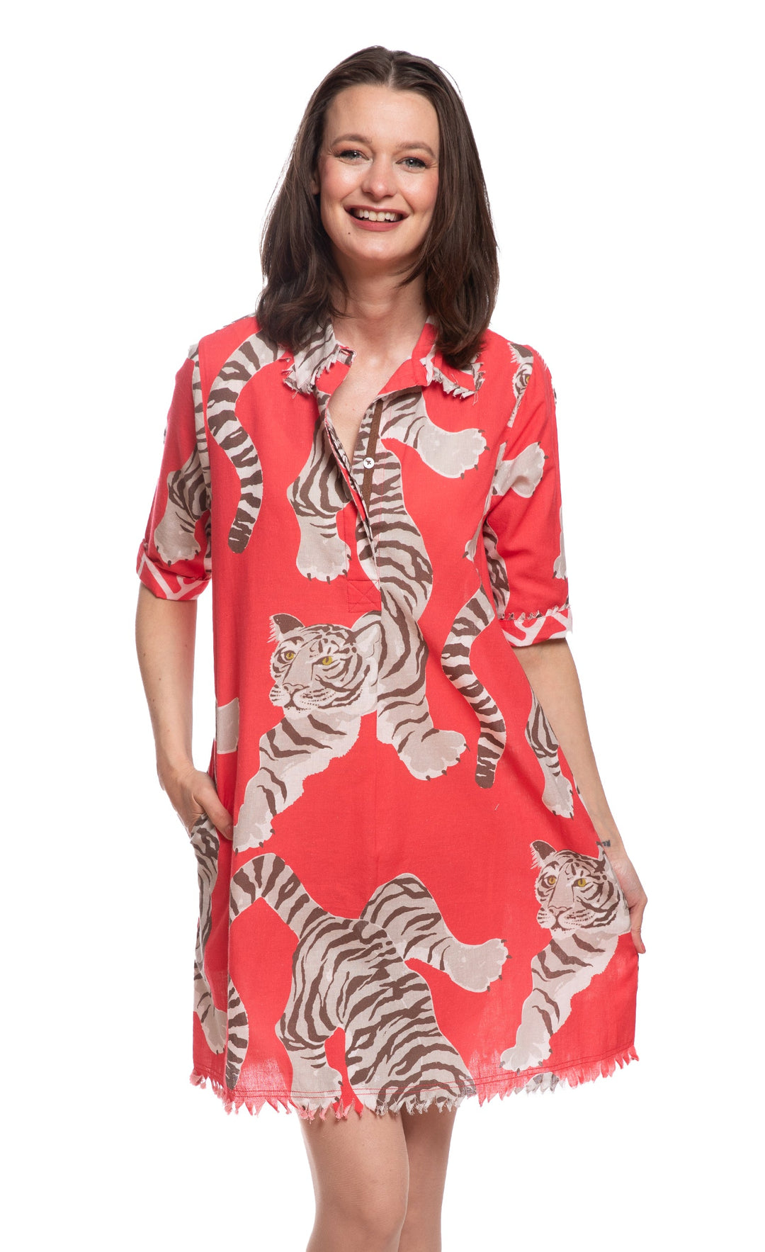 Dizzy-Lizzie Chatham Dress in Pink Tiger Print available at Barbara Katz