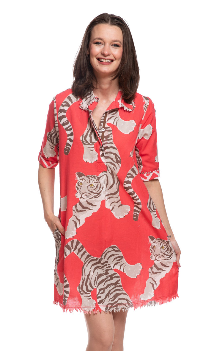 Dizzy-Lizzie Chatham Dress in Pink Tiger Print available at Barbara Katz