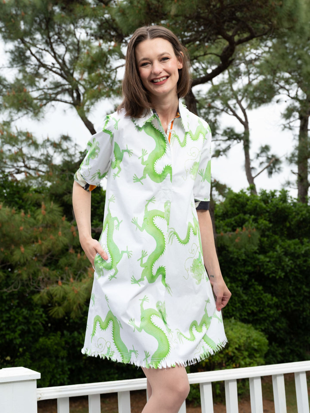 Dizzy-Lizzie Chatham Dress - Green and White Dragon Print Barbara Katz Dizzy-Lizzie Chatham Dress - Green and White Dragon Print Barbara Katz