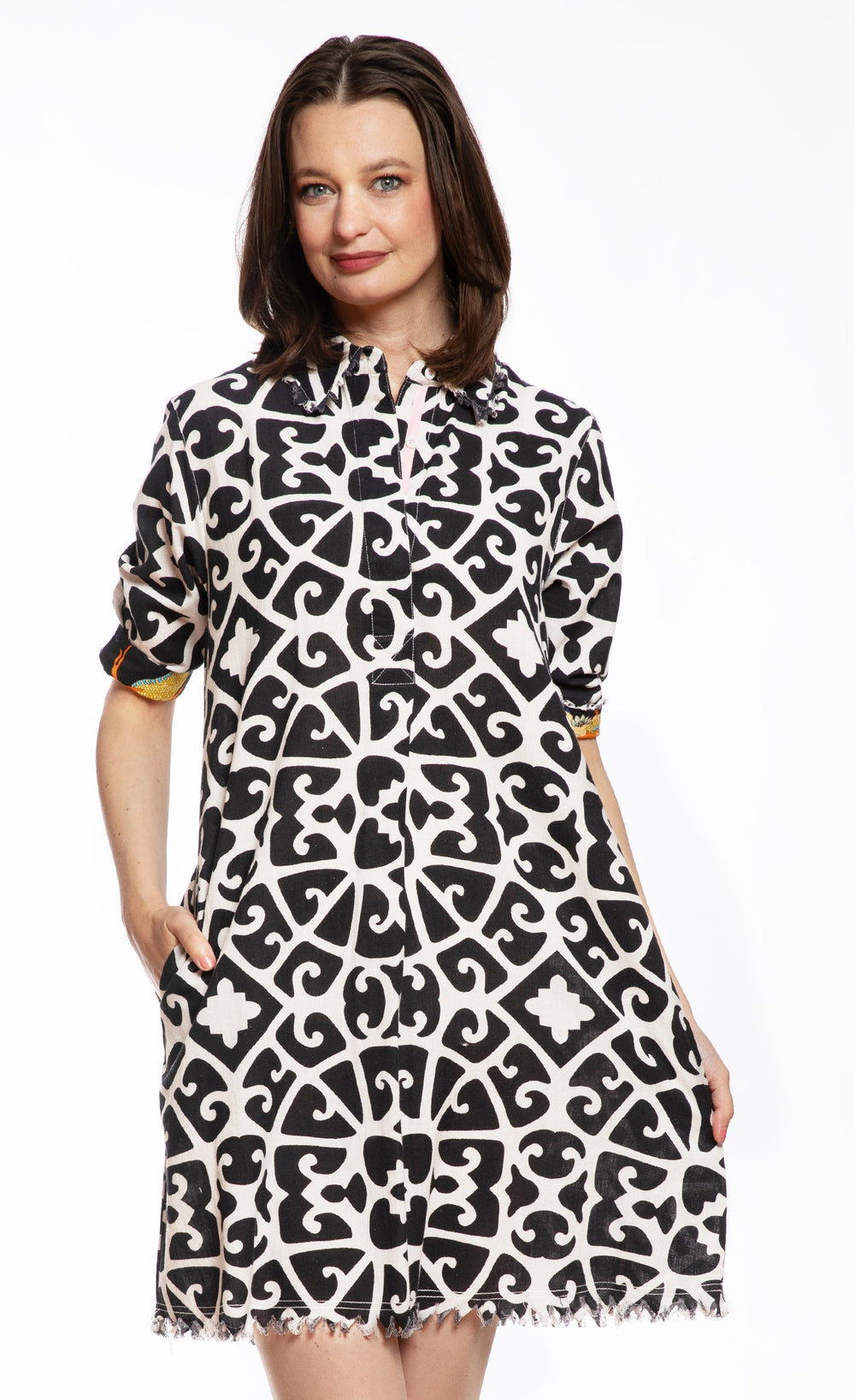 Dizzy-Lizzie Chatham Dress - Black and White Geo Print available at Barbara Katz