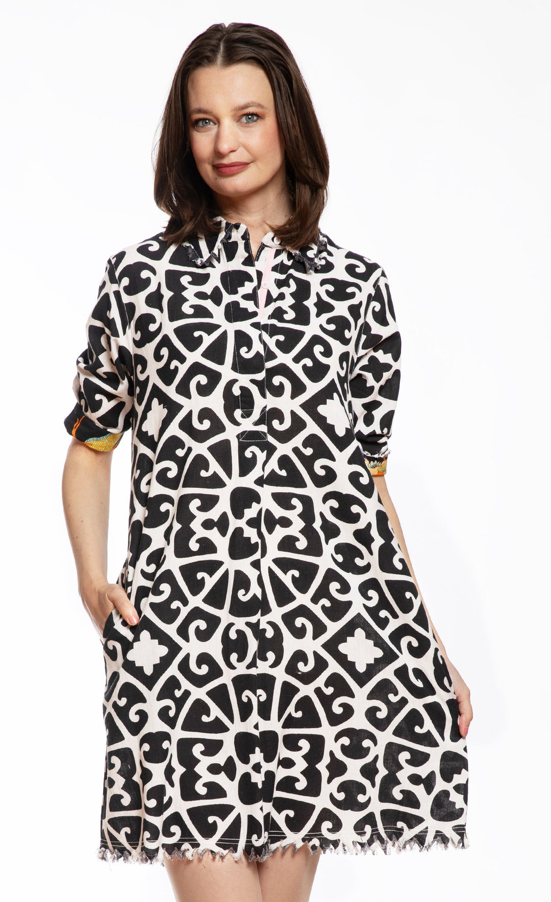 Dizzy-Lizzie Chatham Dress - Black and White Geo Print available at Barbara Katz