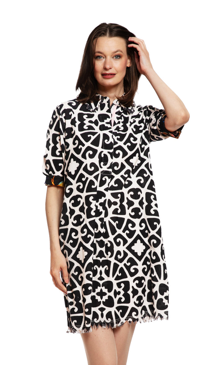 Dizzy-Lizzie Chatham Dress - Black and White Geo Print available at Barbara Katz