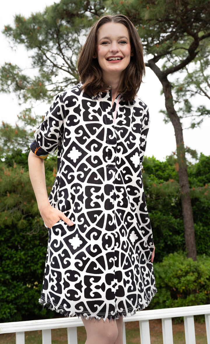 Dizzy-Lizzie Chatham Dress - Black and White Geo Print available at Barbara Katz