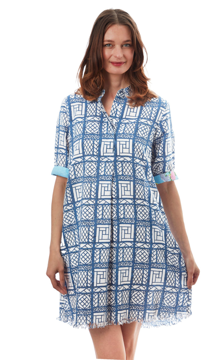 Dizzy-Lizzie Chatham Dress - Navy White Wicker Print available at Barbara Katz