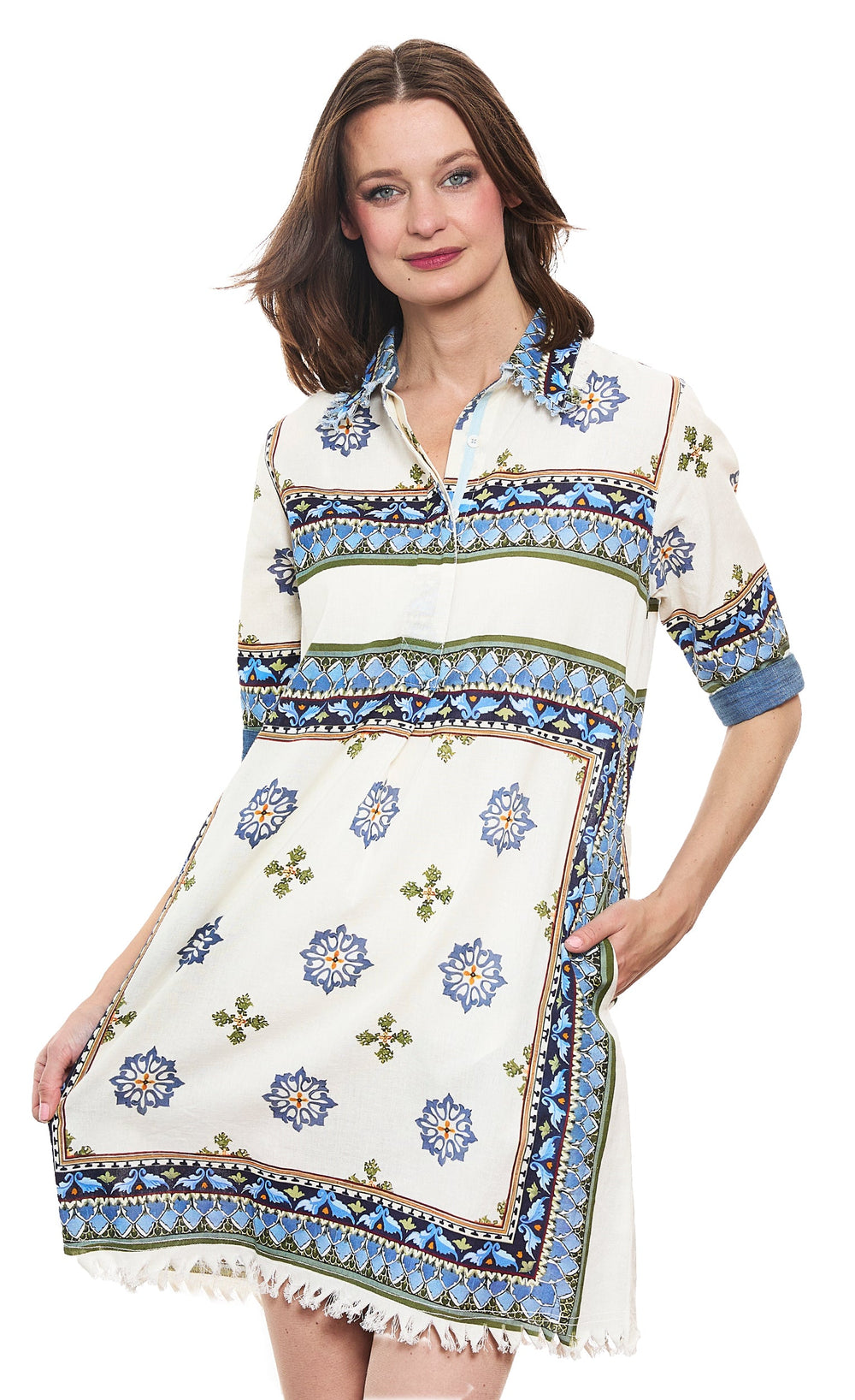 Dizzy-Lizzie Chatham Dress in Blue Green Ivory Engineered Print available at Barbara Katz