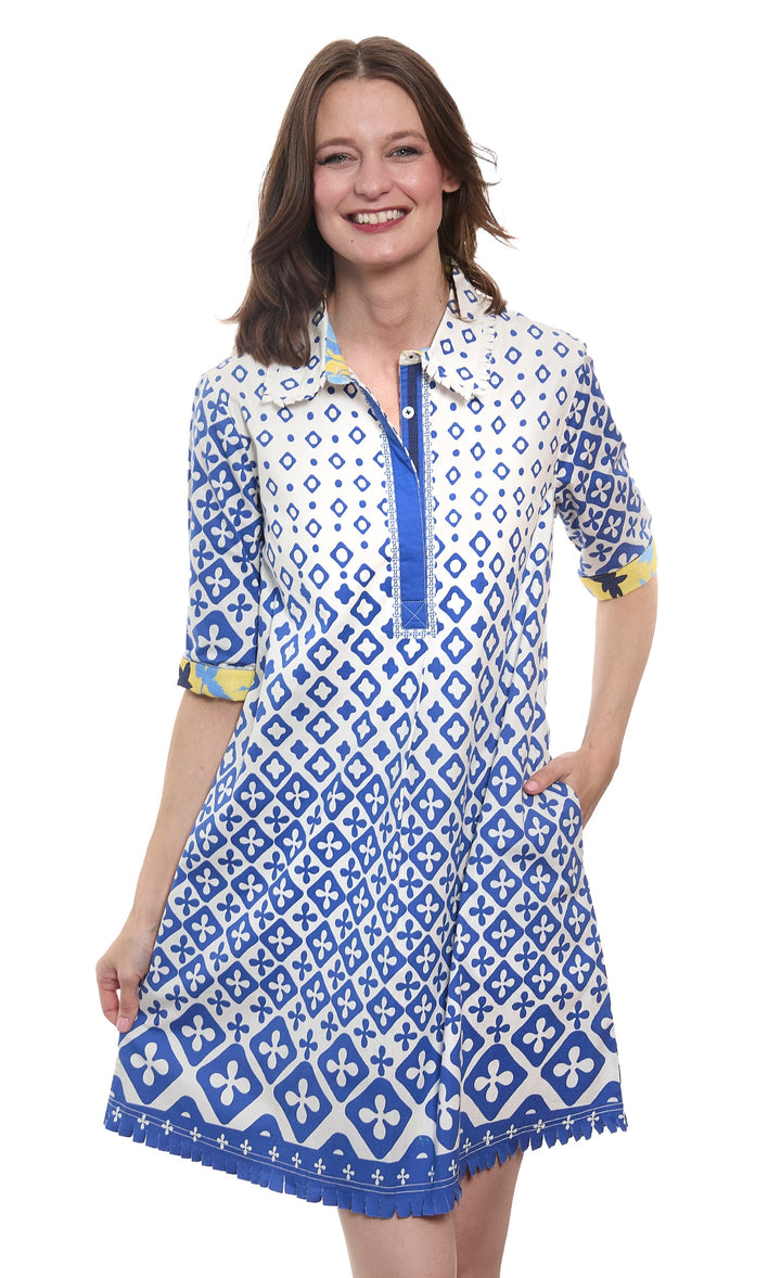 Dizzy-Lizzie Chatham Dress - French Blue and White Engineered Print available at Barbara Katz